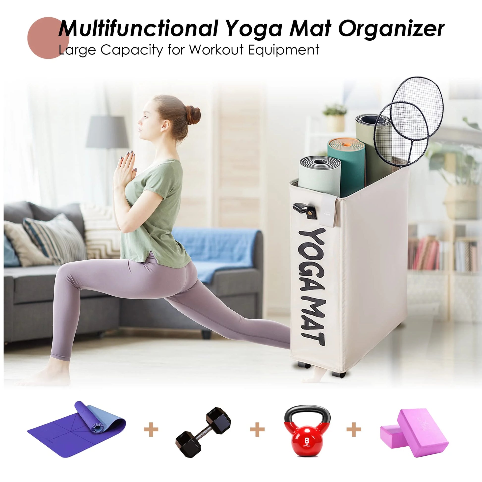 Yoga Mat Storage Rack, 27’’ Large Yoga Mat Holder Accessories, Home Gym Equipment Storage Yoga Mats, Workout Equipment Organization with Wheels, Gray